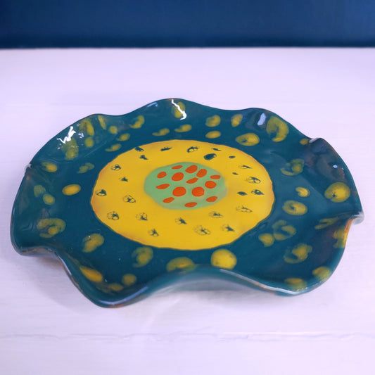 Piattino "Le Crestine" color verde, giallo, arancione.